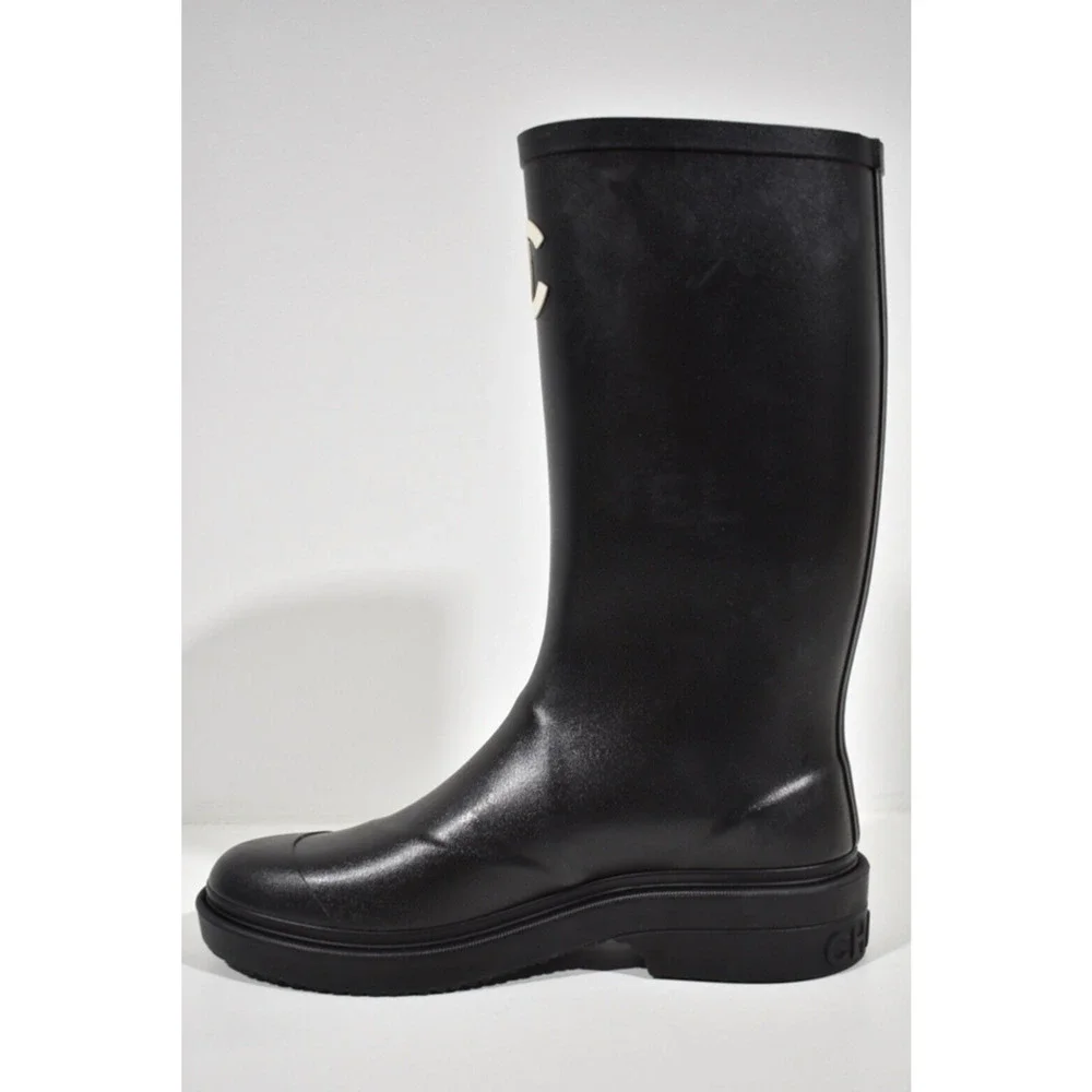 Chanel REV Black White Caoutchouc CC Logo High Pull On Rubber Rain Boots 39 - Picture 9 of 12
